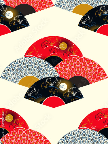 asian style seamless pattern with decorated fans in red shades