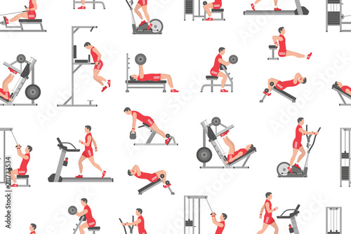 Seamless pattern with men doing exercises, flat style. isolated on white background