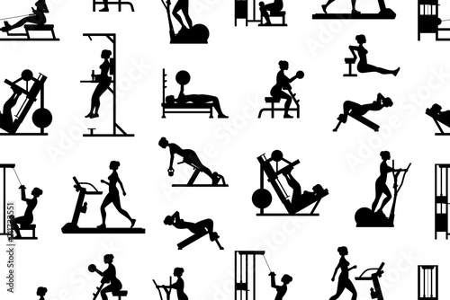 Seamless pattern with women doing exercises, Monochrome style. isolated on white background