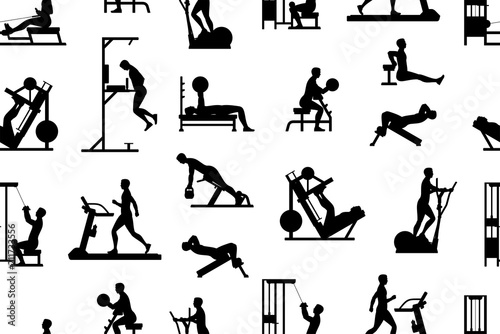 Seamless pattern with men doing exercises, Monochrome style. isolated on white background