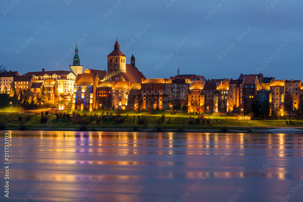 Old town of Grudziadz at night. Poland, Europe.