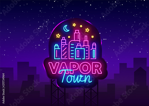 Vape shop neon sign vector. Vaping Store Logo Emblem Neon, Its Vape Shop Concept Vapor Town, Fighting Smoking. Trendy designer elements for print and advertising t-shirts. Vector Billboard