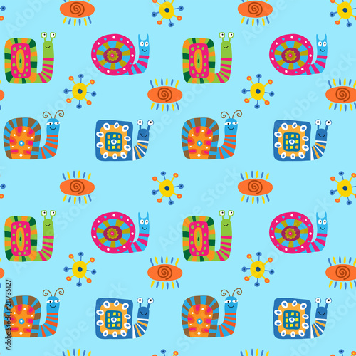 Cute seamless pattern with snails and ornament