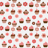 Cute seamless pattern with cupcakes and flowers