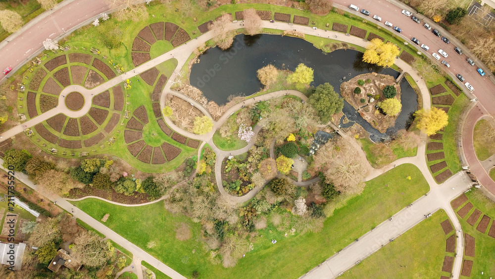 Aerial drone bird's eye view photo of iconic Regent's Park unique nature and Symetry of Queen Mary's Rose Gardens as seen from above, London, United Kingdom