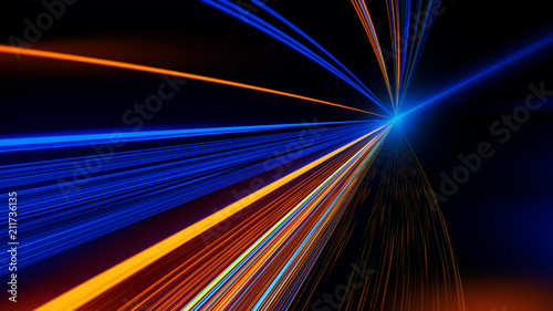 Fototapeta Naklejka Na Ścianę i Meble -  Light motion. Speed motion on the neon glowing road at dark. Speed motion on the road. Colored light streaks acceleration. Abstract illustration. Pink Orange and Blue motion streaks.