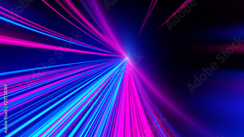 Laser beams. Speed motion on the neon glowing road at dark. Speed motion on the road. Colored light streaks acceleration. Abstract illustration. Blue and Orange Yellow motion streaks. Space gates.