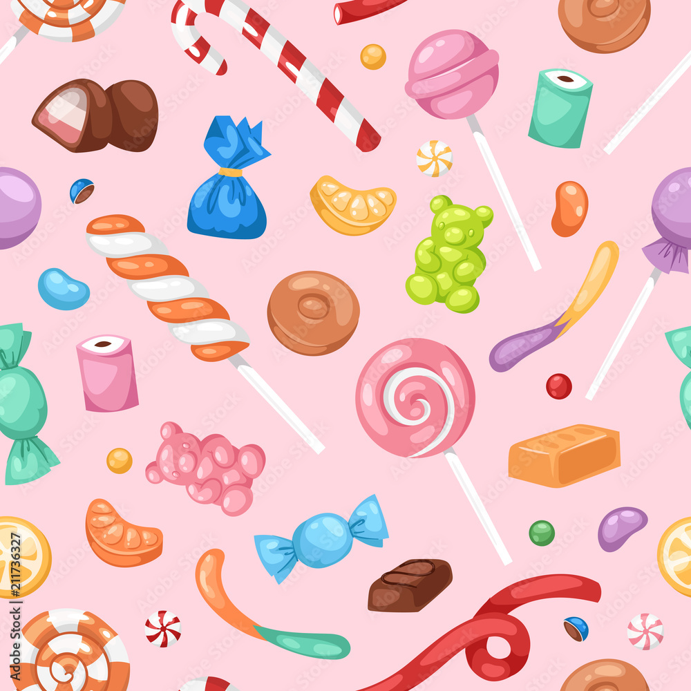Cartoon sweet bonbon sweetmeats candy kids food sweets mega collection seamless pattern background