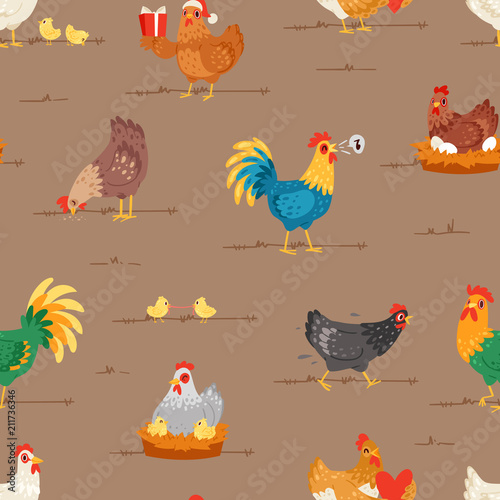 Chicken vector cartoon chick character hen and rooster in love with baby chickens or hen sitting on eggs in hen-coop illustration set of domestic birds in hen-house seamless pattern background