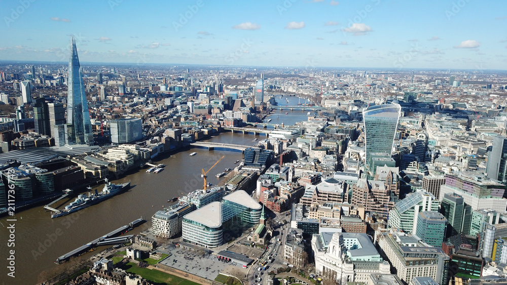 custom made wallpaper toronto digitalAerial drone bird's eye view of iconic skyline in City of London as seen from St Katharine Docks Marina, London, United Kingdom