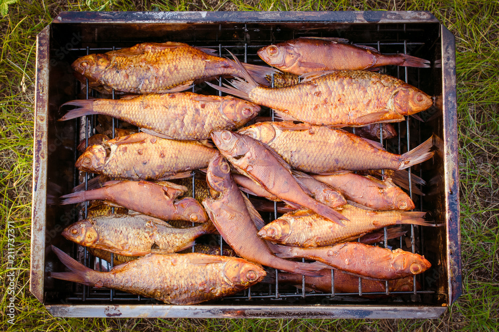 river fish lies in the smokehouse, which stands on the grass