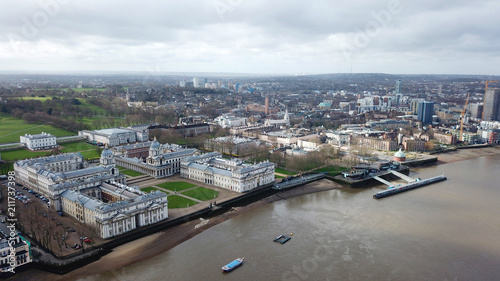 Aerial bird s eye view photo taken by drone of iconic Greenwich University and Park of Greenwich  London  United Kingdom