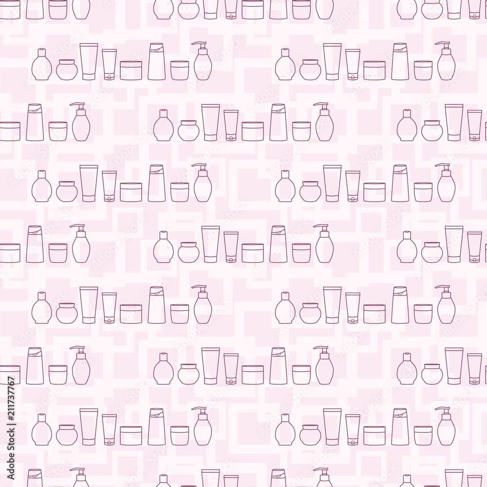 Cosmetic jars. Seamless fashionable pattern with various cosmetic bottles. Cosmetic jars. Seamless fashionable pattern with various cosmetic bottles.