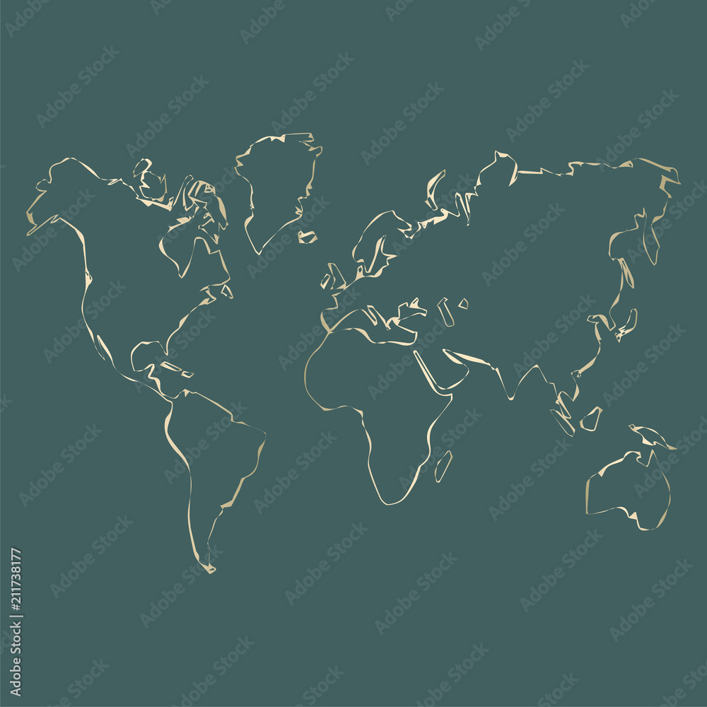 Modern gold world map outline design on pastel . Vector Trendy design