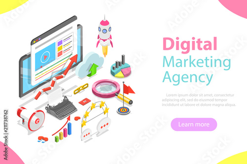 Digital marketing agency. Flat isometric vector concept of social network, SEM, media communication, SEO.