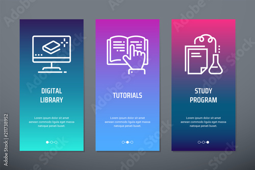 Digital library, Tutorials, Study program Vertical Cards with strong metaphors.