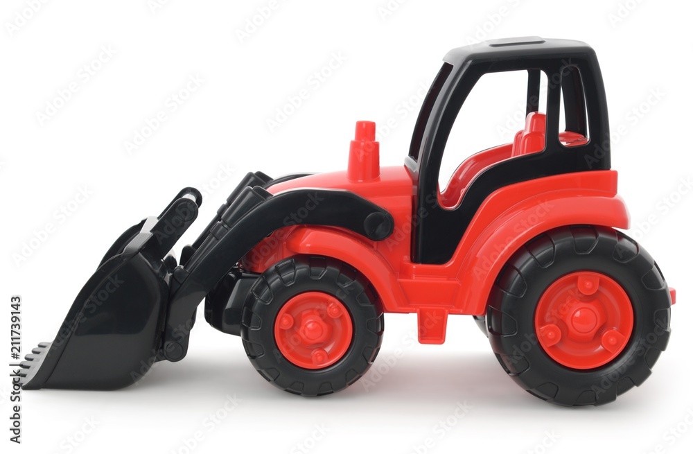 Children's plastic toy, Red-black bulldozer isolated on white