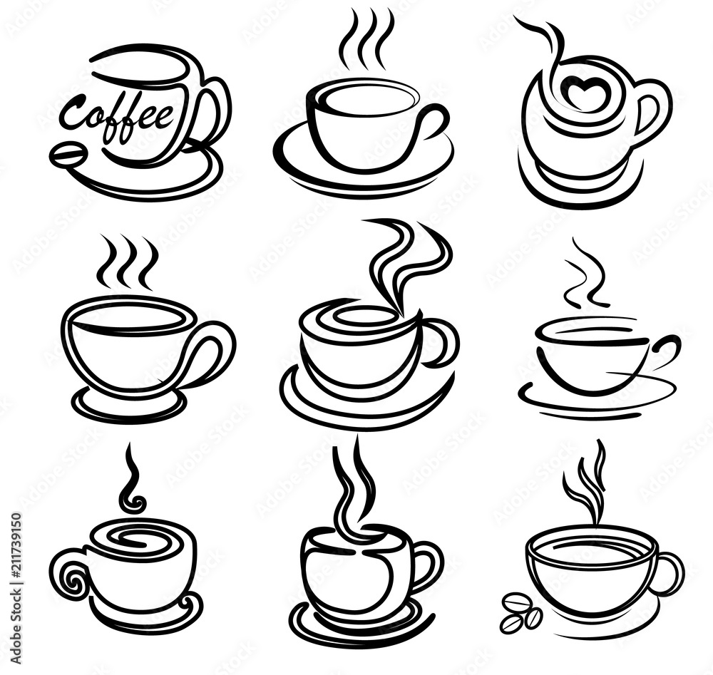 coffee cup art draw vector set for logo design, template, illustration
