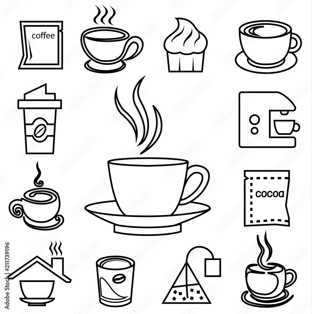 coffee outline icon set with accessories and ingredient coffee outline icon set with accessories and ingredient