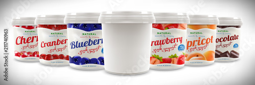 Set of Natural Greek Yogurt packaging container jar design, including strawberry, blueberry, cranberry, cherry, apricot, chocolate taste and blank one, also can be used for ice-cream design