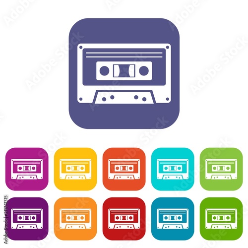 Cassette tape icons set vector illustration in flat style in colors red, blue, green, and other