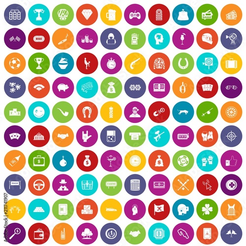 100 gambling icons set in different colors circle isolated vector illustration
