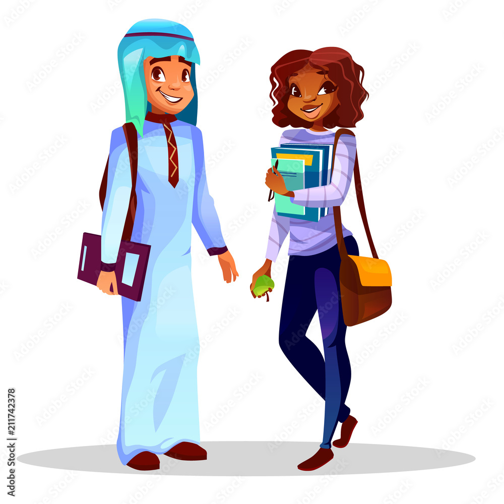 College or university students vector illustration of black Afro American girl with school bag and Saudi Arabian boy in traditional thawb robe with study books for different nationalities education.