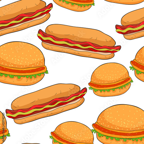 Seamless pattern hot dog with mustard and ketchup hamburger. illustration