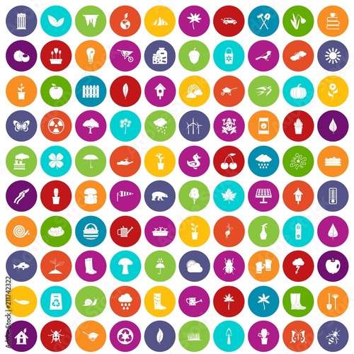 100 garden stuff icons set in different colors circle isolated vector illustration