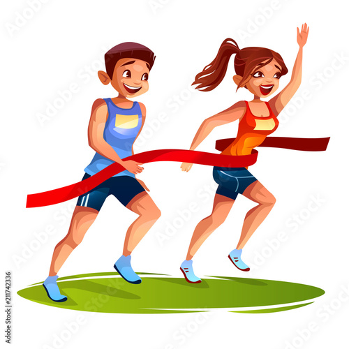 Runners on finish line vector illustration of young man and woman on sport marathon or sprint running. Girl first winner with raised hand at red ribbon over runner-up boy