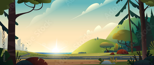Summer landscape. The road from the city to the forest or countryside. Cinematic view. Cartoon style vector illustration.