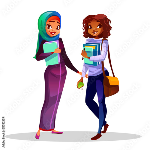 College or university students vector illustration. Black Afro American girl with Muslim or Saudi Arabia friend with school bags and education books holding by hand for different nationalities study