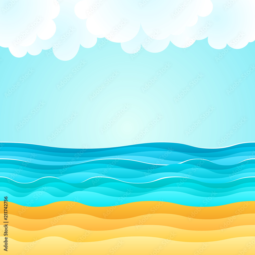 Summer cartoon of beach scene with sand beach, sea waves and fluffy clouds.  Holiday vector illustration. Design for summer tourism Stock Vector | Adobe  Stock