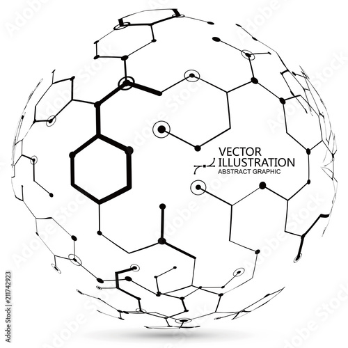 Molecular structure composed of spheres, abstract graphic design.