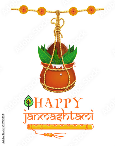 Happy Krishna Janmashtami design. Dahi Handi. Hanging earthen pot with Makhan and coconut. Hindu festival Gokulashtami. Vector illustration