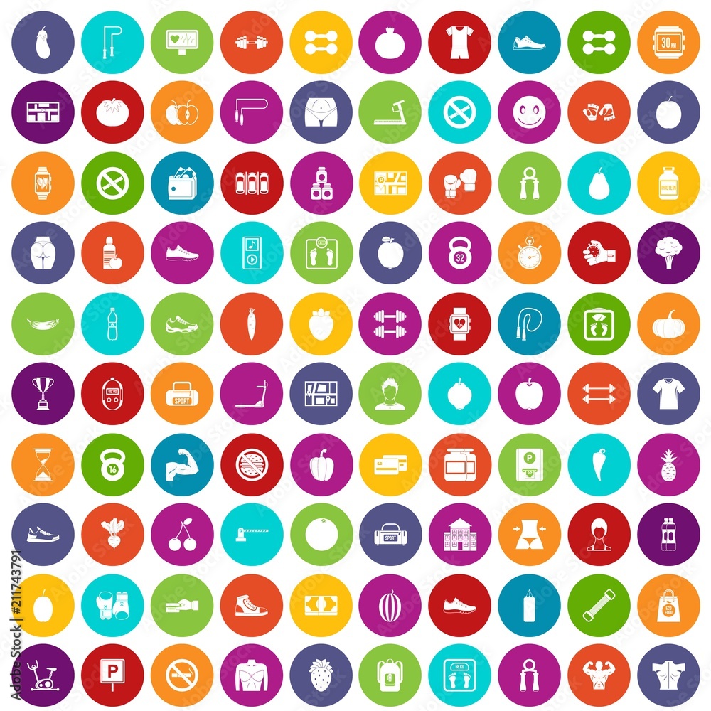 100 gym icons set in different colors circle isolated vector illustration 100 gym icons set in different colors circle isolated vector illustration