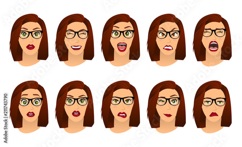 Woman with glasses facial expressions, gestures, emotions happiness surprise disgust sadness rapture disappointment fear surprise joy smile despondency. Cartoon icons set isolated. Vector illustration