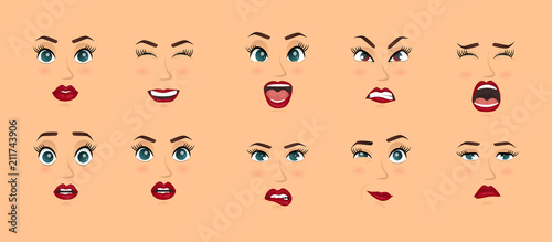 Women facial expressions, gestures, emotions happiness surprise disgust sadness rapture disappointment fear surprise joy smile cry despondency. Cartoon icons set isolated. Vector illustration