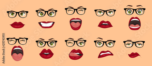 Comic emotions. Woman with glasses facial expressions, gestures, emotions happiness surprise disgust sadness rapture disappointment fear surprise joy smile despondency. Cartoon icons set isolated.