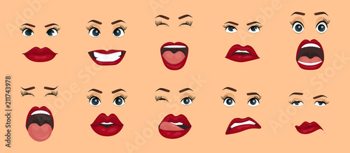 Comic emotions. Women facial expressions, gestures, emotions happiness surprise disgust sadness rapture disappointment fear surprise joy, smile cry coquetry cute mouth. Cartoon icons set isolated.