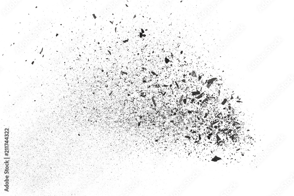Black charcoal dust, gunpowder isolated on white background and texture, top view Black charcoal dust, gunpowder isolated on white background and texture, top view