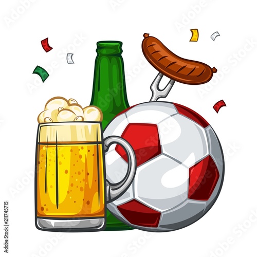 Vector colorful illustration of red soccer ball with beer. Soccer ball with glass of light beer with sausage and green bottle, isolated on white background 1.1