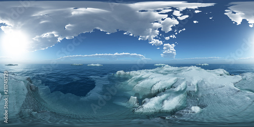 360 Grad Panorama mit Eisbergen im offenen Meer photo