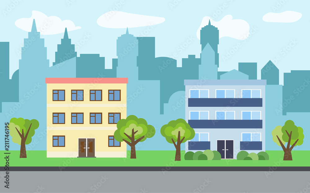 Vector city with two three-story cartoon houses and green trees in the sunny day. Summer urban landscape. Street view with cityscape on a background
