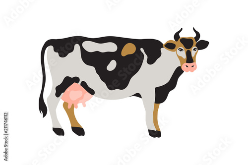 Milk spotted cow in black, white, gray, gold and pink. Agriculture, farming, village life. Pet. Vector illustration.