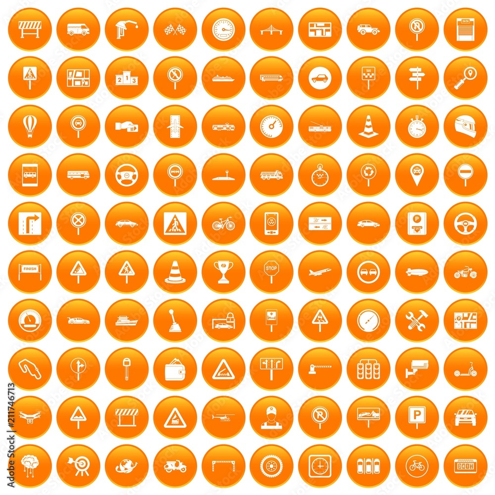100 traffic icons set in orange circle isolated on white vector illustration 100 traffic icons set in orange circle isolated on white vector illustration