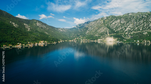 Aerial view of the Kotor bay and villages along the coast © ronedya