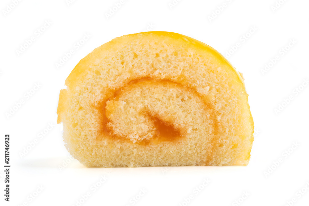 Orange roll cake on white background