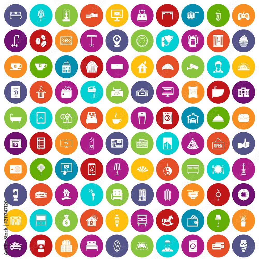 100 hotel icons set in different colors circle isolated vector illustration 100 hotel icons set in different colors circle isolated vector illustration