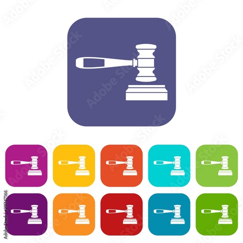 Judge gavel icons set vector illustration in flat style in colors red, blue, green, and other